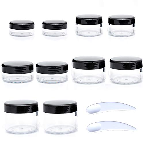Product Cover ZEJIA 10pcs Sample Containers with Screw Lids,5 Size 3/5/10/15/20 Gram Empty Cosmetic Jars with 12pcs Lables and 2pcs Mini Disposable Spatula,Makeup Sample Containers BPA Free