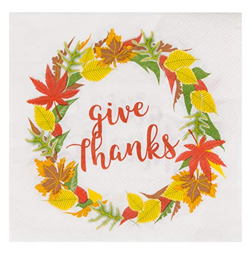 Product Cover Cocktail Napkins - 100-Pack Disposable Paper Napkins, Autumn Thanksgiving Dinner Party Supplies, 2-Ply, Give Thanks and Autumn Leaves, White, Unfolded 13 x 13 Inches, Folded 6.5 x 6.5 Inches