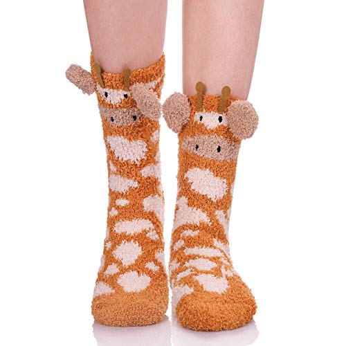 Product Cover LANLEO Womens Girls Soft Fuzzy 3D Cute Animal Sleeping Winter Warm Slipper Socks 1 Pairs Giraffe