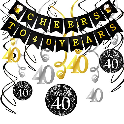 Product Cover 40th Birthday Decorations Kit- Konsait Cheers to 40 Years Banner Swallowtail Bunting Garland Sparkling Celebration 40 Hanging Swirls,Perfect 40 Years Old Party Supplies 40th Anniversary Decorations