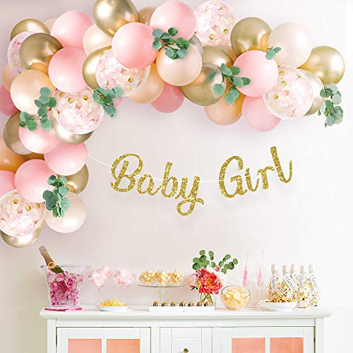 Product Cover Sweet Baby Co. Baby Shower Decorations For Girl With Pink Balloon Arch Garland Kit, Baby Girl Banner Decor, Eucalyptus Boho Greenery Vine, Light Pink, Peach Blush, Gold, Confetti Balloons