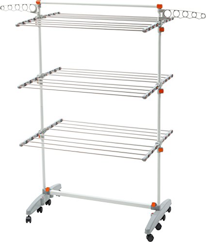 Product Cover idee BDP-V23 Foldable Rolling 3-tier Clothes Laundry Drying Rack with with Stainless Steel Hanging Rods, Collapsible Shelves and Base for Easy Storage, Made-in-Korea, Premium Size, Orange