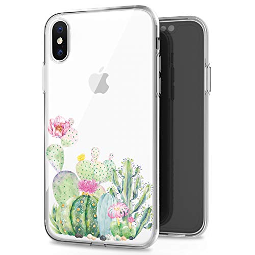 Product Cover JAHOLAN iPhone X Case iPhone Xs Case Cute Girl Floral Design Clear TPU Soft Slim Flexible Silicone Cover Phone Case Compatible with iPhone X iPhone Xs - Green Cactus
