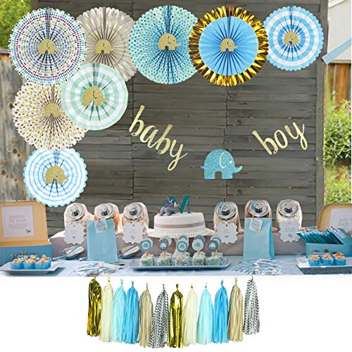 Product Cover YARA Elephant Baby Shower Decorations for Boy Kit|Baby Boy Bunting Garland Banner|Blue and Gold Party Supplies|Paper Fans|Its A Boy|Tassels|Rustic|Boho