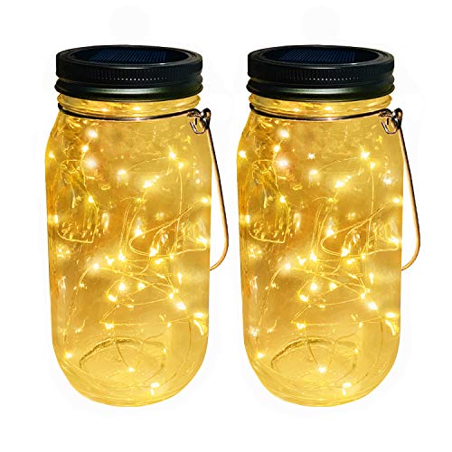 Product Cover Solar Powered Glass Mason Jar Lights, 2-Pack 30 LEDs Warm White Fairy Led String Lights with Large Size Clear Mason Jar,Outdoor Solar Lanterns(Jar and Hangers Included)