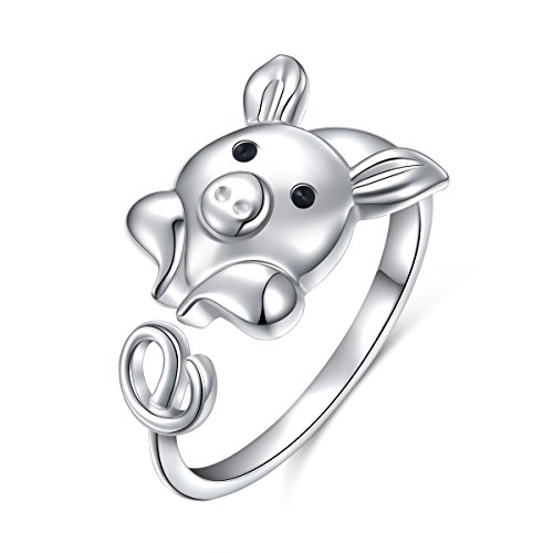 Product Cover 925 Sterling Silver Cute Pig Wrap Ring for Women, Open Animal Ring Adjustable