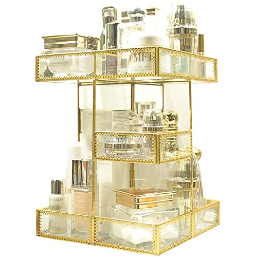 Product Cover 360 Degree Rotation Makeup Organizer Antique Countertop Cosmetic Storage Box Mirror Glass Beauty Display, Gold Spin Large Capacity Holder for Brushes Lipsticks Skincare Toner