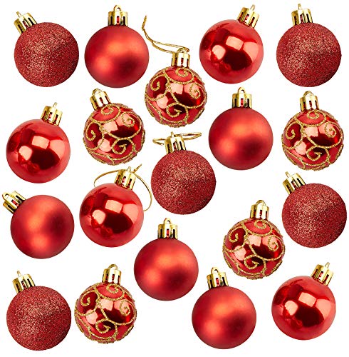 Product Cover 48-Pack Mini Christmas Tree Ornaments - Red Shatterproof Small Christmas Balls Decoration, Assorted 4-Finish Shiny, Matte, Glitter, Glitter Scroll, Hanging Plastic Bauble Holiday Decor, 1.5 Inches
