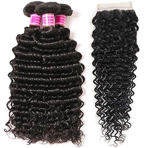Product Cover VRBest Brazilian Deep Wave 100% Unprocessed Virgin Brazilian Hair 3 Bundles with Closure Deep Curly Human Hair Extensions Natural Color (10 12 14+10)