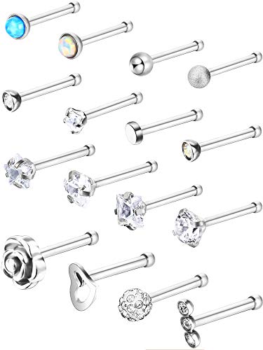 Product Cover Jovitec Stainless Steel Nose Stud Set Steel Nose Ring Rose Ball Labret Body Piercing Jewelry for Party Wear or Clothes Matching, 20 G (16 Pieces, Bone Stud)