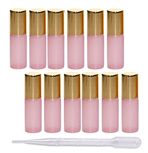 Product Cover 12Pcs 5ml Pearl Color Glass Roller Bottles Roll-on Bottles Vial Container with Stainless Steel Roller Balls and Gold Cap for Essential Oil Perfumes Liquid Aromatherapy+1pc 3ml Free Dropper,Pink