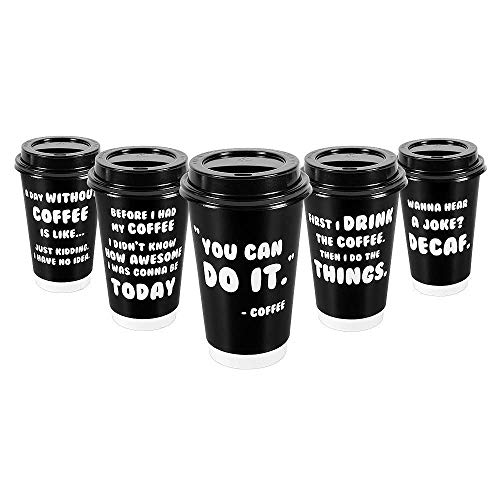 Product Cover Premium 16oz Disposable Paper Coffee Cups With Lids (50ct) - 5 Fun Quotes in Each Pack - Make Your Own Coffee or Tea With These Paper Coffee Cups - Insulated Double Wall - No Need For Sleeves