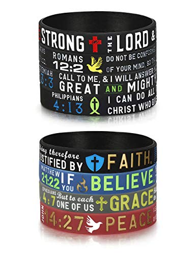 Product Cover Finrezio 8 PCS Power of Faith Bible Verse Wristbands Black Silicone Bracelets for Men Women Christian Religious Jewelry Gifts