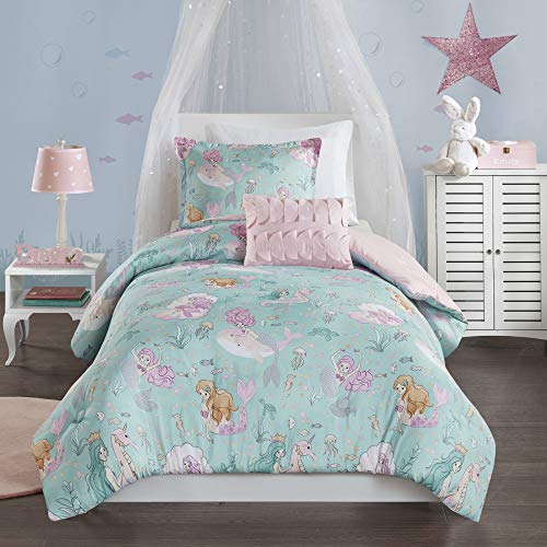 Product Cover Mi Zone Kids Darya Comforter Mermaid Clam Shell Sea Ocean Whale Fish Printed Scale Pillow Ultra-Soft Overfilled Down Alternative Hypoallergenic All Season Bedding-Set, Twin, Aqua/Pink