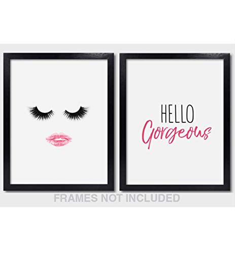 Product Cover Confetti Fox Hello Gorgeous Wall Art Decor - 8x10 Unframed Set of 2 Pearl Prints - Make Up Lover Gift Lashes Pink Lips Kiss Bathroom Vanity Desk Dorm Room Decoration