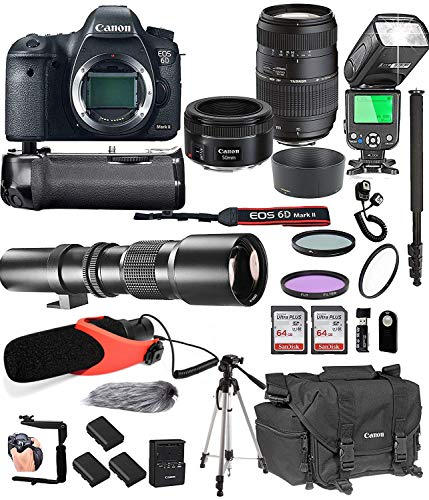 Product Cover Canon EOS 6D Mark II with 50mm f/1.8 STM Prime + Tamron 70-300mm f/4-5.6 Di LD + 500mm Telephoto + 128GB Memory + Pro Battery Bundle + Power Grip + TTL Speed Light + Pro Filters,(25pc Bundle)