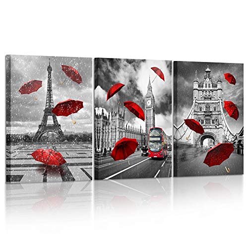 Product Cover Kreative Arts 3 Piece Black and White Eiffel Tower with Red Umbrella on Paris Street Painting Big Ben in London Romantic Picture Framed Artwork Prints Canvas Set of 3 Ready to Hang 16x24inchx3pcs