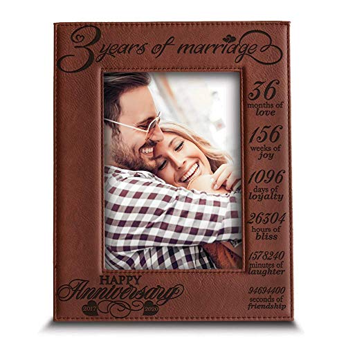 Product Cover BELLA BUSTA- 3 Years of Marriage-2017-2020- Years,Months, Weeks, Days, Hours, Weeks, Minutes, Seconds- Engraved Leather Picture Frame (5 x 7 Vertical (Rawhide))