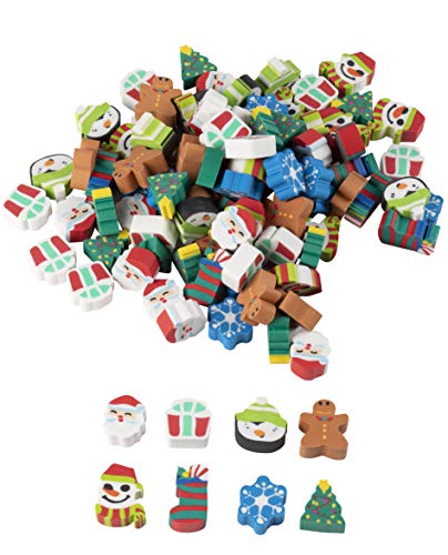 Product Cover Christmas Party Favors - 100-Pack Mini Eraser for Kids, Stocking Stuffer, Carnival Prizes, Classroom Rewards, Goodie Bags, Giveaways, 8 Assorted Holiday Designs