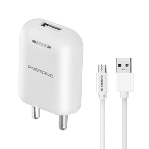 Product Cover Ambrane AWC-38 2.1A Fast Wall Charger for All Mobiles, Tablets & Other Devices + Free Micro USB Cable (White)