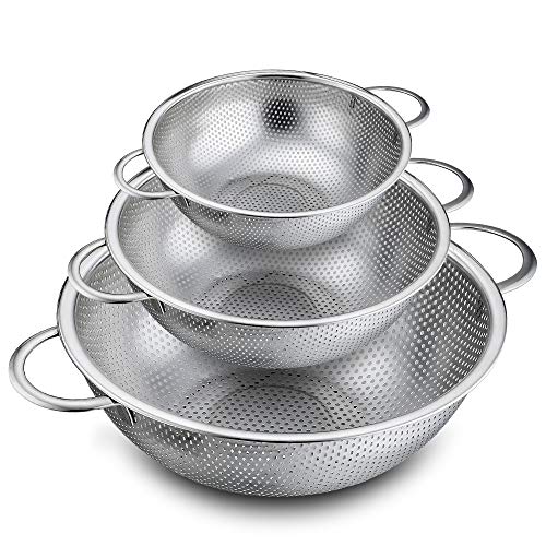 Product Cover P&P CHEF Colander Set of 3, Stainless Steel Micro-Perforated Colanders Strainers for Draining Rinsing Washing, Ideal for Pasta Vegetables Fruits, Heavy Duty & Dishwasher Safe - 1/3/5 Quart