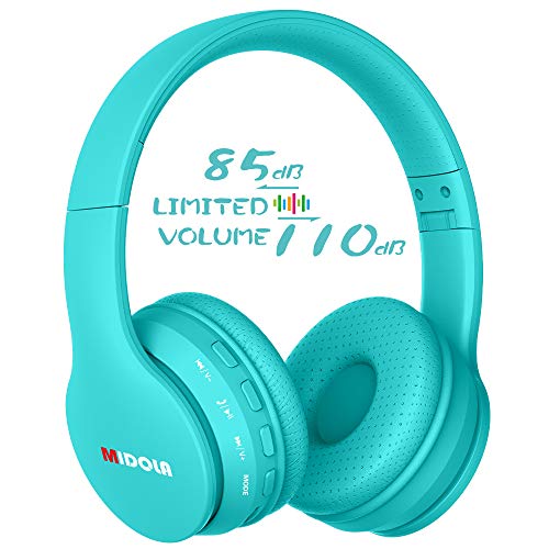 Product Cover Midola Volume Limited 85dB Kids Headphone Bluetooth Wireless Over Ear Foldable Stereo Sound Noise Protection Headset with AUX 3.5mm Cord Mic for Boys Girls Cellphone Ipad Tablets TV Notebook Cyan