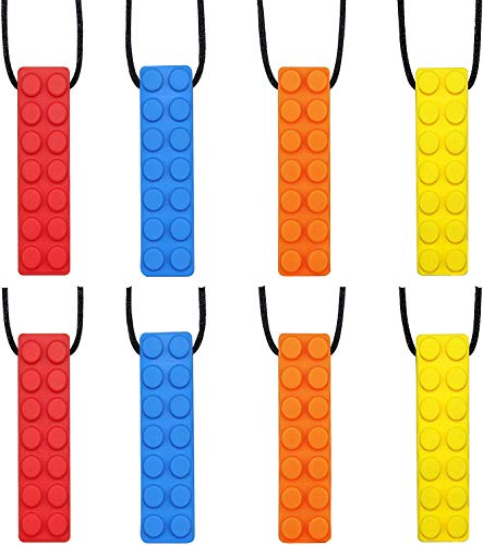 Product Cover Sensory Chew Necklace Set, (8 Pack) Made from Food Grade Silicone Safety for Kids Teething, Silicone Chewy Sticks for Autistic, ADHD, Oral Motor Boys and Girls Children-Blue,Red,Yellow,Orange