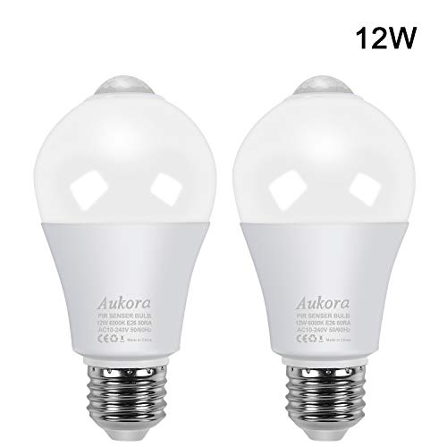 Product Cover Motion Sensor Light Bulbs, Aukora 12W (100-Watt Equivalent) E26 Motion Activated Dusk to Dawn Security Light Bulb Outdoor/Indoor for Front Door Porch Garage Basement Hallway Closet(Cold White 2 Pack)