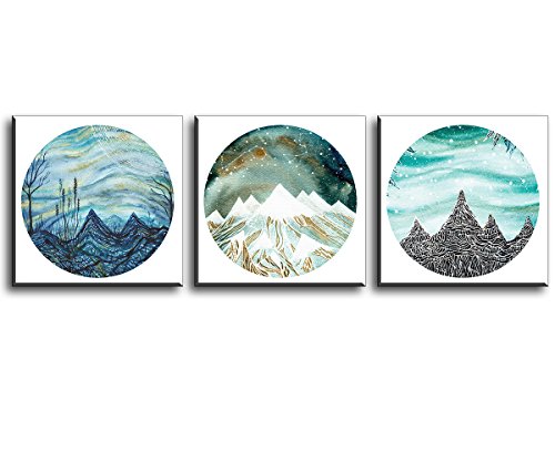 Product Cover Abstract Blue Galaxy Over Mountains Canvas Painting, Trees and Hills Under Starry Night Sky, Pisces and Leo Constellation Stars Wall Art, White Snow Picture, 3 Pieces Round Scene Modern Home Decor