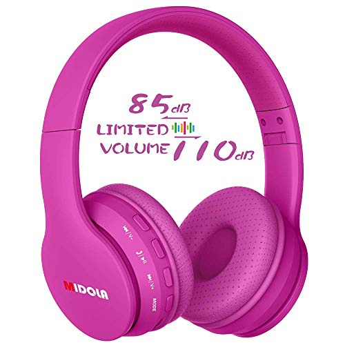 Product Cover Midola Volume Limited 85dB Kids Headphone Bluetooth Wireless Over Ear Foldable Stereo Sound Noise Protection Headset with AUX 3.5mm Cord Mic for Boys Girls Cellphone Ipad Tablets TV PC Rose Red