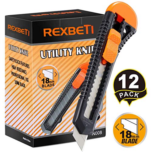 Product Cover REXBETI 12-Pack Utility Knife, Retractable Box Cutter for Cartons, Cardboard and Boxes, 18mm Wider Razor Sharp Blade, Smooth Mechanism, Perfect for Office and Home use