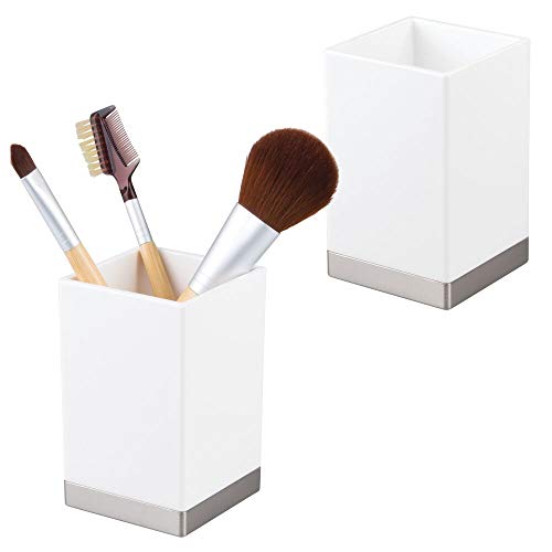 Product Cover mDesign Modern Square Tumbler Cup for Bathroom Vanity Countertops - for Mouthwash/Mouth Rinse, Storing and Organizing Makeup Brushes, Eye Liners, Accessories - Slim Design, 2 Pack - White/Brushed