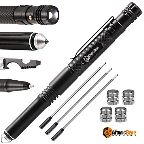 Product Cover Tactical Pen - Self Defense Weapons - Tactical Gear and EDC - Glass Breaker +LED Flashlight +Ballpoint Pen + Multi-Tool + Bottle Opener - Police Military SWAT Gear - 3 Black Refills + 4 Battery Sets