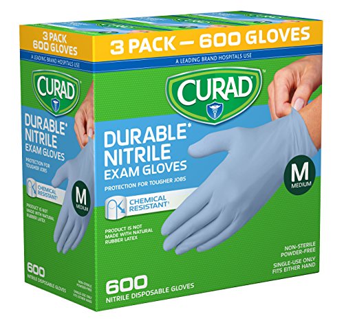 Product Cover CURAD Disposable Nitrile Exam Gloves, Chemical Resistant, Durable, Powder-Free, Fits Either Hand, Medium, Blue, (600 Count)
