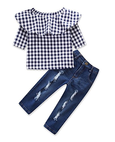 Product Cover Little Girls Off Shoulder Ruffle Plaid Tops Distressed Jeans Shirts Clothes Set