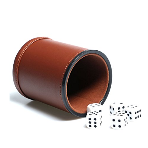 Product Cover Leather Dice Cup Set Felt Lining Quiet Shaker with 5 Dot Dices for Farkle Yahtzee Games, Brown