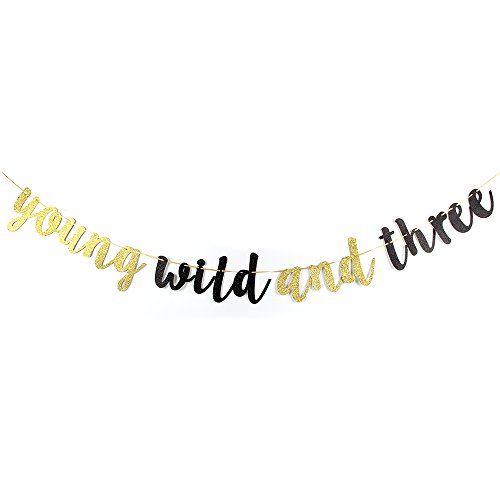Product Cover Karoo Jan Young Wild and Three Banner -Gold Black Glitter Happy 3rd Birthday Party Decoration Bunting Photo Props，Baby Party Supplies