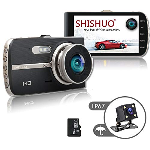 Product Cover SHISHUO Dash Cam Front and Rear - Upgraded 4 Inch Big Screen 1080P HD IPS Display Driving Recorder Cameras with 16GB Micro SD Card, G-Sensor, Motion Detect, LED Compensation, Parking Monitoring