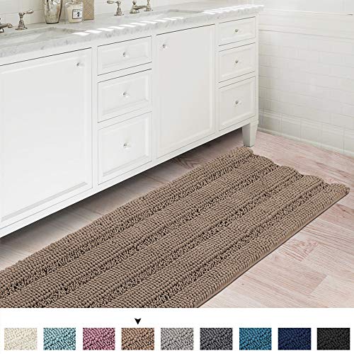Product Cover Soft Thick Floor Mat Bath Rug Runner for Bathroom 47x17 inch Oversize Non-Slip Shag Bathroom Rug Machine-Washable Bath Mat Runner with Water Absorbent Striped Rugs for Powder Room, Taupe Brown