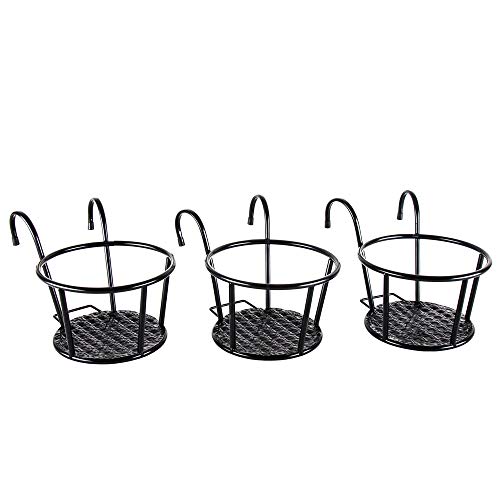 Product Cover Iron Art Hanging Baskets Flower Pot Holder - HowRU Over The Rail Metal Fence Planters Assemble - Pack of 3 (Black)