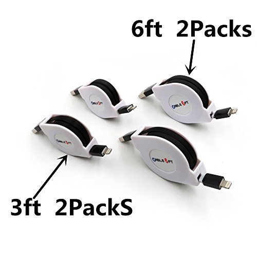 Product Cover AWASA 4 Packs! 2x3ft 2x6ft Retractable Lightning Charger Cable USB Lightning Charging Cord Retractble iPhone Charger Cord for iPhone X 8 Plus, iPod Nano 7 iPad Air, (Black)