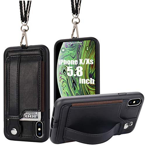 Product Cover TOOVREN iPhone X/Xs Wallet Case Phone Lanyard Neck Strap iPhone Xs / 10 Protective Case Cover with Stand Leather PU Card Holder Adjustable Detachable iPhone Lanyard for Anti-Theft and Activity Black