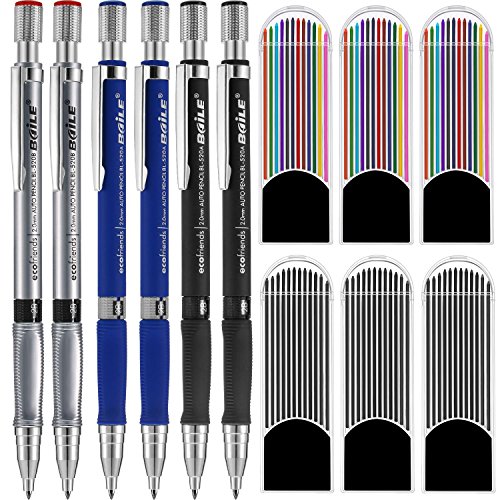 Product Cover ExcelFu 6 Pieces 2.0 mm Mechanical Pencils with 6 Cases Lead Refills, Color and Black Refills for Draft Drawing, Carpenter, Writing, Crafting, Art Sketching