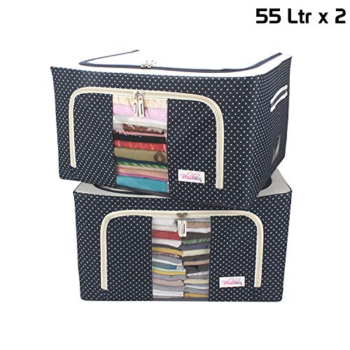 Product Cover BlushBees® Living Box - Wardrobe Organizer, Cloth Storage Bags with Zip - 55 Litre, Pack of 2, Polka Dots Blue