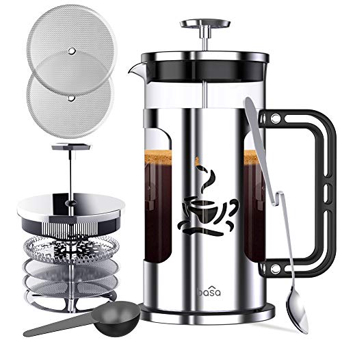 Product Cover BASA French Press Coffee Maker, 34oz Coffee and Tea Makers with 4 Level Filtration System, BPA Free/FDA Approved, 304-Grade Stainless Steel, Heat Resistant Borosilicate Glass