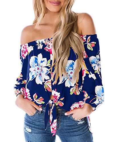 Product Cover uncinba Womens Off Shoulder Floral Tops Tie Front High Low Long Sleeve Chiffon Blouse T Shirts