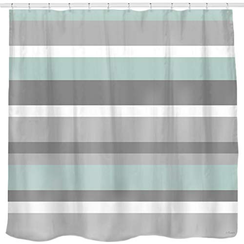 Product Cover Sunlit Aqua Blue Gray Horizontal Stripes Water-Repellent Fabric Shower Curtain Set with Reinforced Metal Grommets Refreshing Striped Design Bathroom Decor