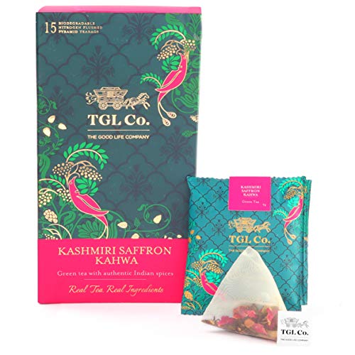 Product Cover TGL Kashmiri Kahwa Tea Green Tea Bags, 16 Tea Bags with Green Tea, Cinnamon, Cardamom, Cloves, Rose Petals, Almonds, Pure Saffron | Detox Green Tea - Desi Kahwa