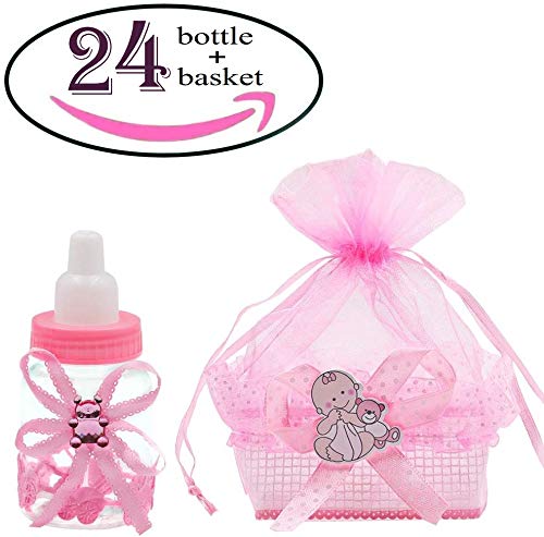 Product Cover 1st Birthday Party ,24Pcs Baby shower bottles with 24Pcs Organza baby shower candy bags for Baby shower party Supplies decorations favors,Pink,Noex direct (basket24old-1)