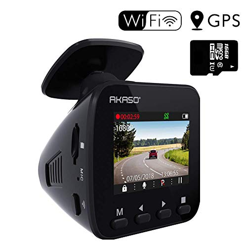 Product Cover Dash Cam WiFi Car Camera - AKASO V1 Dash Camera for Cars 1296P with Phone APP GPS 16GB Memory Card 1.5